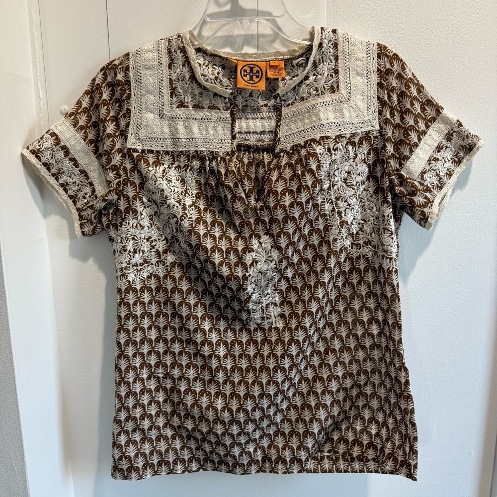 Tory Burch Brown and White Embroidered Short Sleeve Top